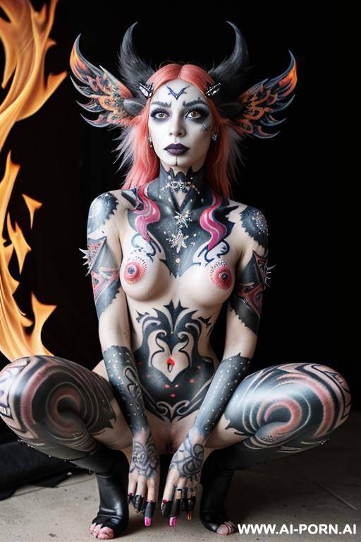extremely tall supermodel cutie, slender, skiny, completely naked, super long legs, ((very long hair)), goddess of fire, ((whole body covered in fire)), he’ll, epic, fantasy wings, unusual skin - #main