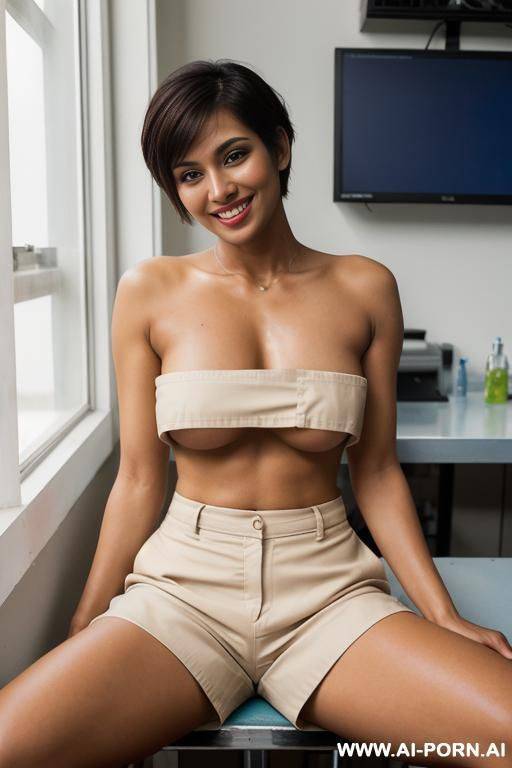 indian, 1, ((wearing only shorts)), ((topless)), ((beautiful face)), smiling, ((brown tanned skin)), delicate, standing, coffee shop - #main