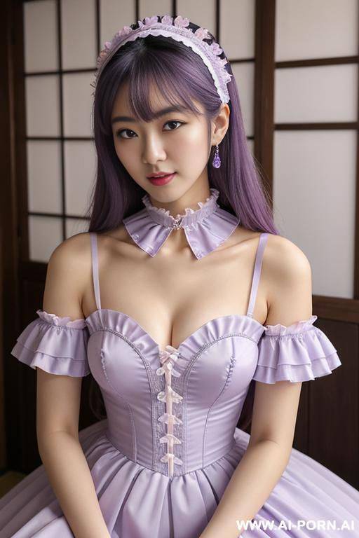 idol, staring, lace headband, frilly idol costumes, high neck, with collar, pastel purple, hands on chin, studio - #main