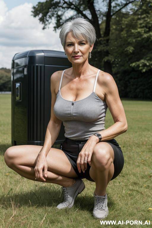 german woman, slender, middle-aged, with pixiecut, grey hair squatting on grass behind powerbox - #main