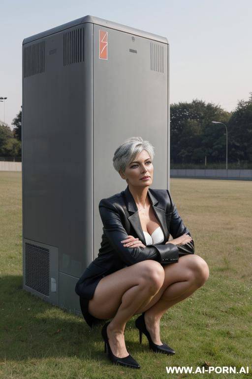 german woman, slender, middle-aged, with pixiecut, grey hair squatting on grass behind big powerbox near motorway - #main