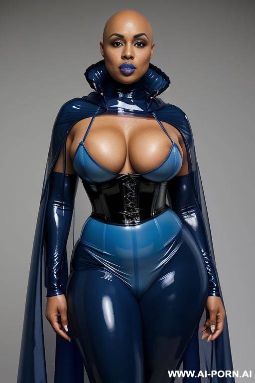 a eboby woman with bald head and blue lips wearing a transparent blue latex corset and a transparent blue latex hoodcape. - #main