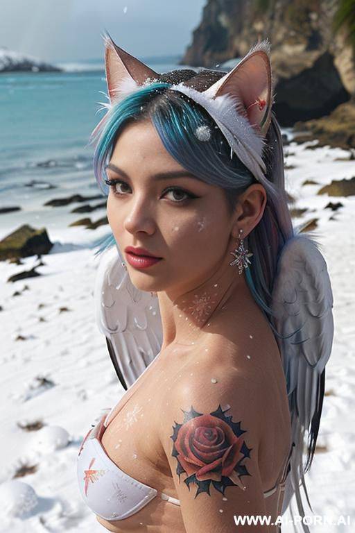 face, sexy, beautiful, ((face painting)), ((bikini as seashell)), ((tattoo roses)), ((eyes shw)), ((angel wings)), ((rainbow hair)), ((long bu hair)), ((wind)), (( cat face)), (( cat ears)), (((feather - #main