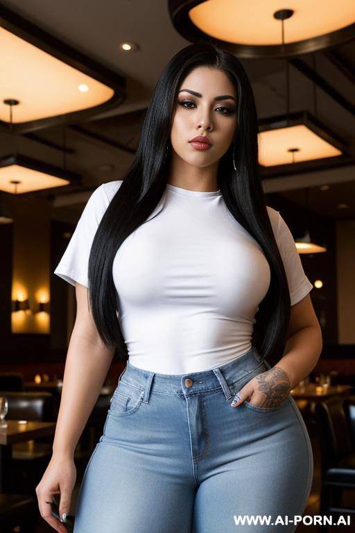 super , mexican, chola style, gangster rapper, tight white shirt, tight high rise jeans, very wide hips, hourglass shaped - #main