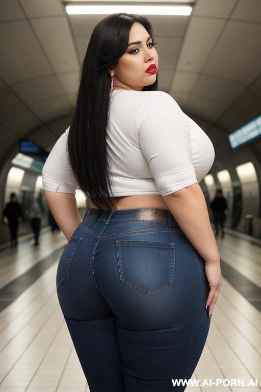 super , showing massive ass, mexican, chola style, gangster rapper, tight white shirt, tight high rise jeans, very wide hips, hourglass shaped, extra thicc - #main