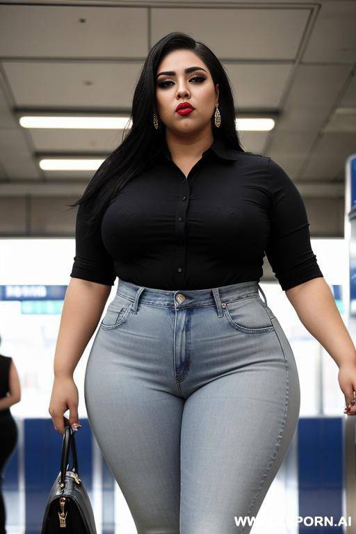 super , mexican, chola style, gangster rapper, tight white shirt, tight high rise jeans, very wide hips, hourglass shaped, extra thicc - #main
