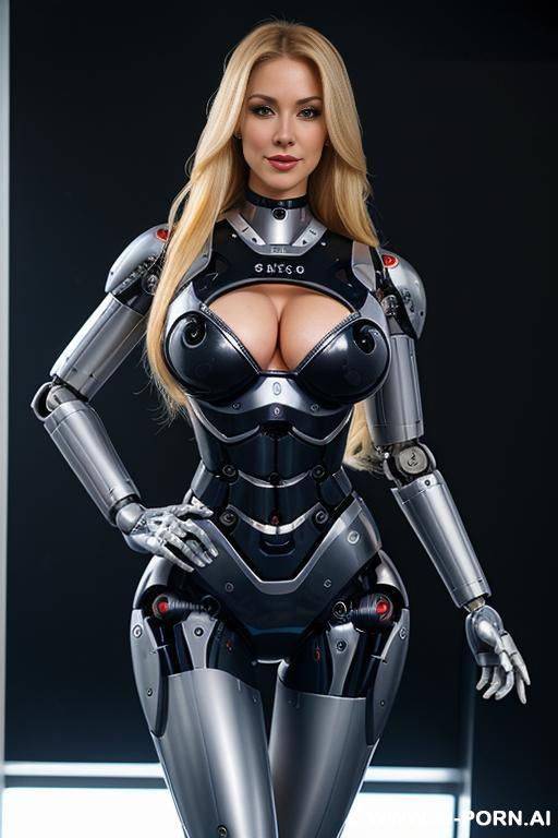 sexy robo cop, full body view, long blonde hair, pretty face, (fully robotic body, fit body, shapely body, huge firm robotic tits) - #main