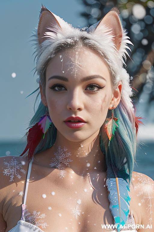 face, sexy, beautiful, ((face painting)), ((bikini as seashell)), ((tattoo roses)), ((eyes shw)), ((angel wings)), ((rainbow hair)), ((long bu hair)), ((wind)), (( cat face)), (( cat ears)), (((feather - #main