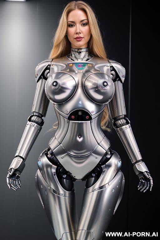 sexy robo cop, full body view, long blonde hair, (pretty face, fully metallic robotic body, robotic parts and diodes visible inside belly, fit body, shapely body, huge firm robotic tits:1.2) - #main