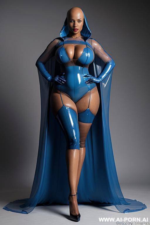 a eboby woman with bald head and blue lips wearing a transparent blue latex eveningdress and a transparent blue latex hoodcape. - #main