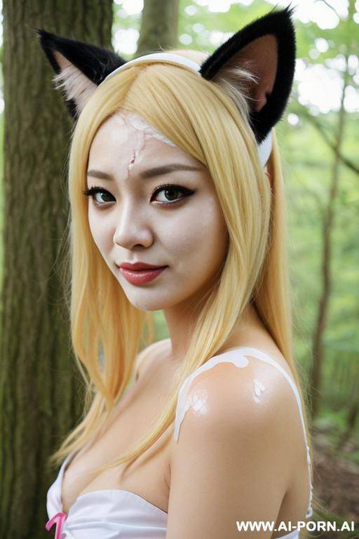 cosplay, staring, blonde, cat ear headband, cat anime costumes, (((a lot of cum on the face))), meow meow pose, forest, full shot view - #main