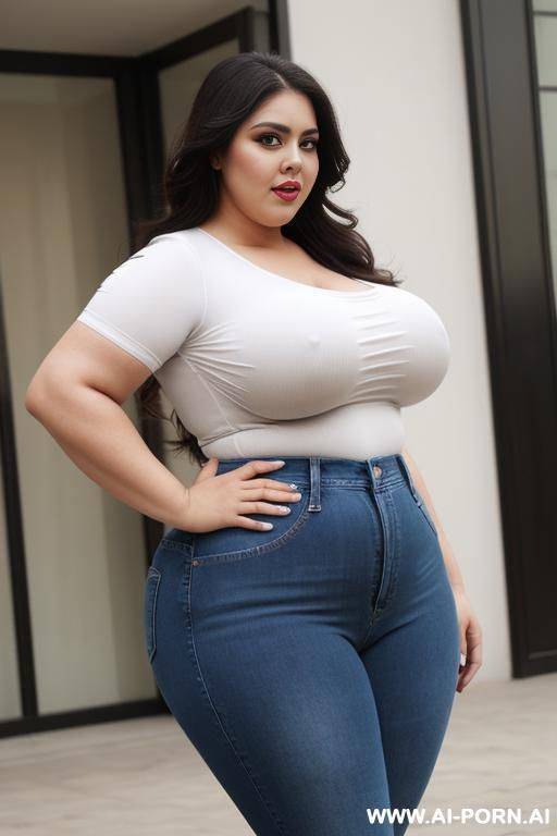 very obese but proportionate, mexican, big eyes, huge hips, hourglass figure, , tight shirt, high rise jeans, pear shaped, excited - #main