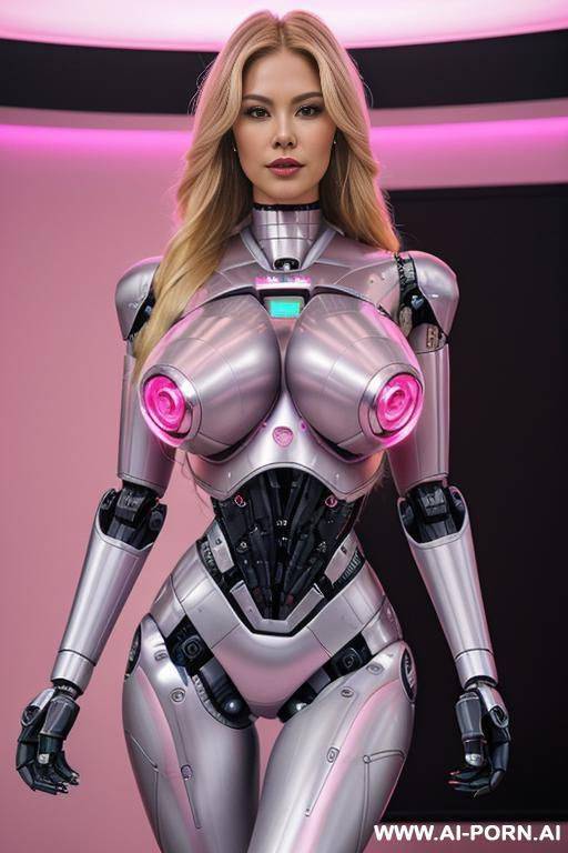 sexy robo cop, full body view, long blonde hair, (pretty face, fully pink robotic body, power supply visible inside chest, fit body, shapely body, huge firm robotic tits:1.2) - #main