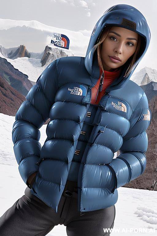 a woman with and without a dick, (((huge blue north face nuptse:1.3))) - #main