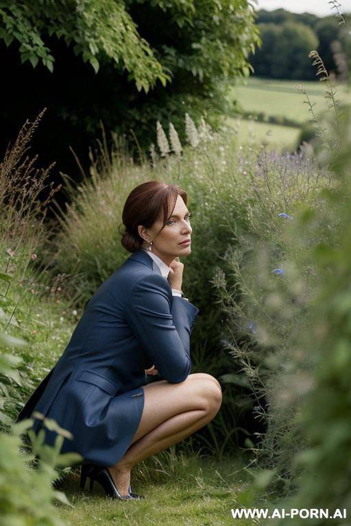 british posh lady, tweetjacket, squatting in weeds behind bushes in countryside. side-view - #main