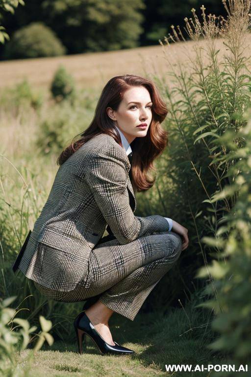 british posh lady, tweedjacket, squatting in weeds behind bushes in countryside, pants side-view - #main
