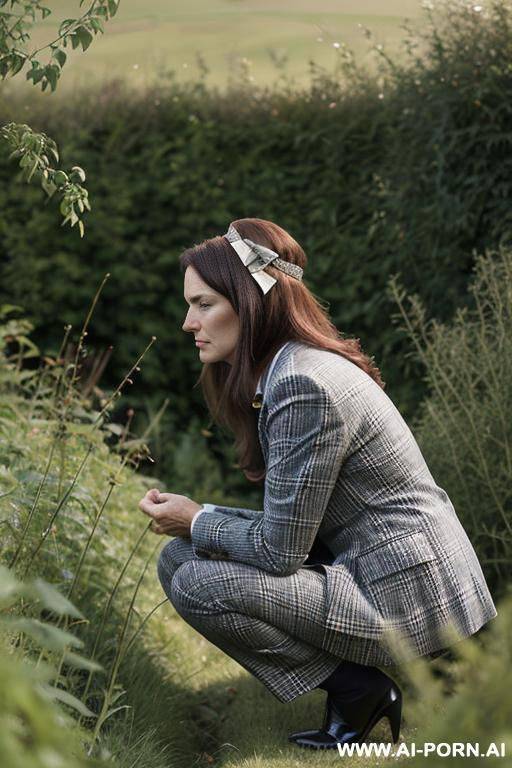 british posh lady, tweedjacket, squatting in weeds behind bushes in countryside, pants, bowed head, side-view - #main