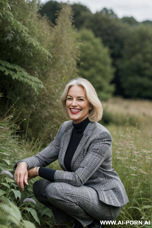 british posh lady, tweedjacket, squatting in weeds behind bushes in countryside, pants, side-view - #main