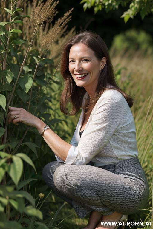 british posh lady, tweetdacket, pants, squatting in weeds behind bushes in countryside. side-view - #main