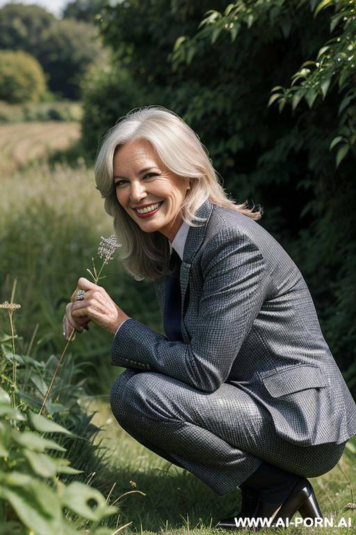 british mature posh lady, tweetjacket, pants, squatting in weeds behind bushes in countryside. side-view - #main