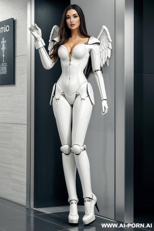 immagine realistica di elevata qualità, beautiful angel robot corpo meccanico con splendide ali bianche e vestito ampio lungo, con stivali ai piedi. - #main
