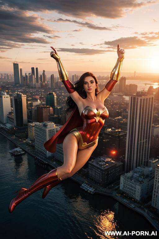 beautiful superheroine floating above city at sunset - #main
