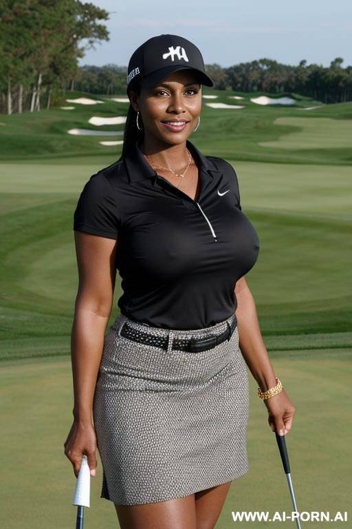 black milf standing on a golf teebox about to tee off, wearing a skirt and no top with her huge tits out , naked , dd boobs , milf , pretty. horny - #main