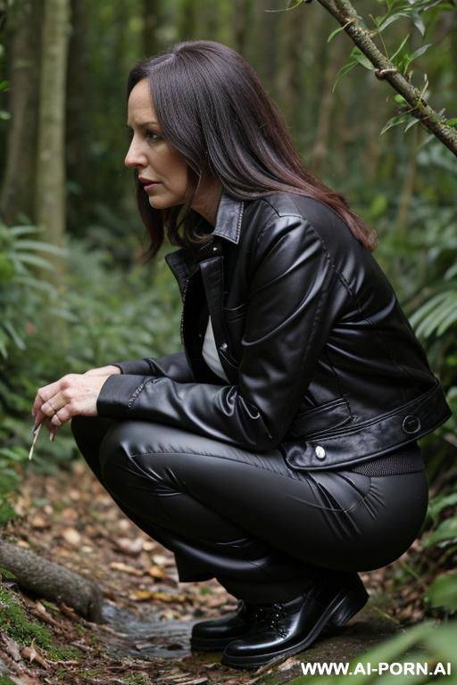 british woman, fetishclothes, jacket, pants, squatting in underbrush on wet spot, side-view - #main