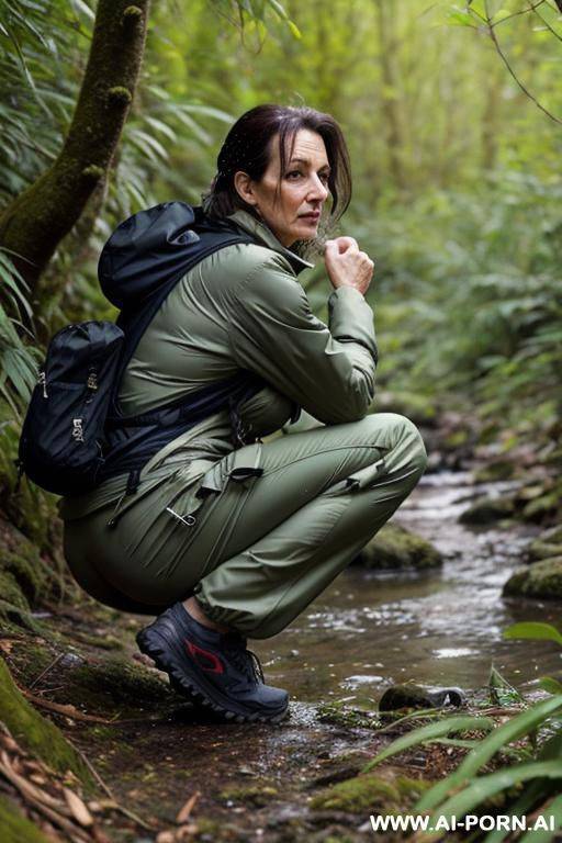 mature british woman, hikingclothes, jacket, pants, squatting in underbrush, her crotch drips water onto ground, backview - #main