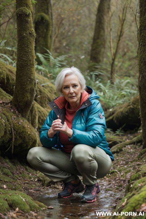 mature british woman, hikingclothes, jacket, pants, squatting in underbrush on wet spot - #main