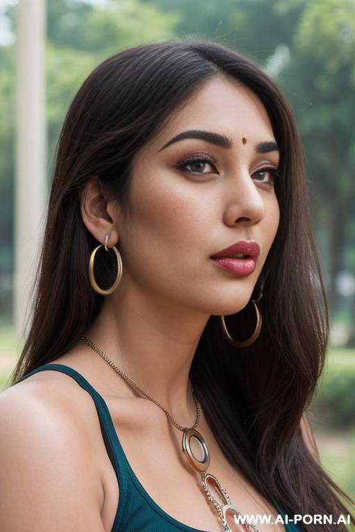 park, brunette, tank top, shorts (ahegao) (flowing hair) (((extremely beautiful))) (((full lips))) (button nose) (submissive) (hoop earrings) (((hourglass figure))) (model) (((eye contact))) - #main