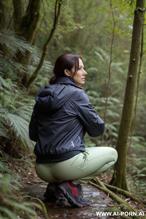 british woman, hikingclothes, jacket, pants, squatting in underbrush on wet spot, backview - #main
