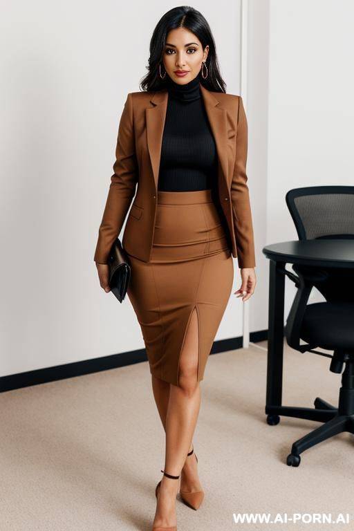 the image is cropped just below the thigh. arab. tan. inner turtleneck. skirt. outer blazer. office. - #main