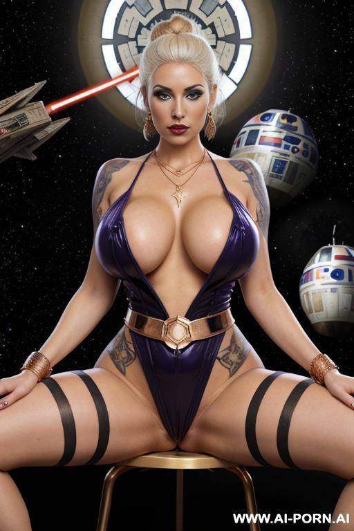 , rose gold hoop ear rings, platinum blonde highlights, dyman air wrap, rose gold necklace, eye brows, blue eyes, horny space milf queen woman, wearing golden high heels on, wearing golden - #main