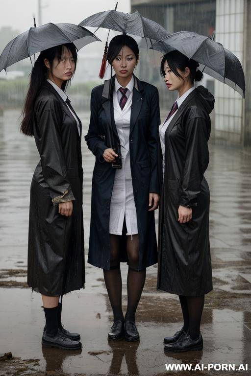 ，student uniform，three women standing each other，standing in the rain，apocalyptic world，clothes in rags， and some of them had sloughed off，japanese - #main