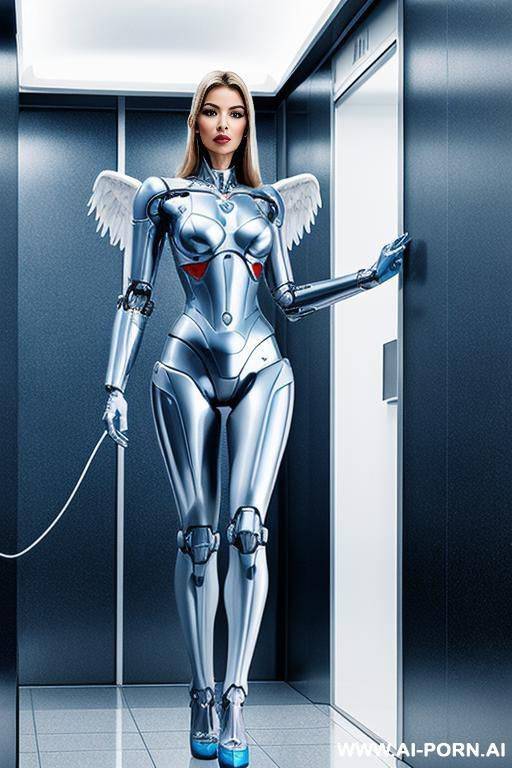 immagine realistica di elevata qualità, angel cyborg robot metallic di colore white and sky blue. - #main