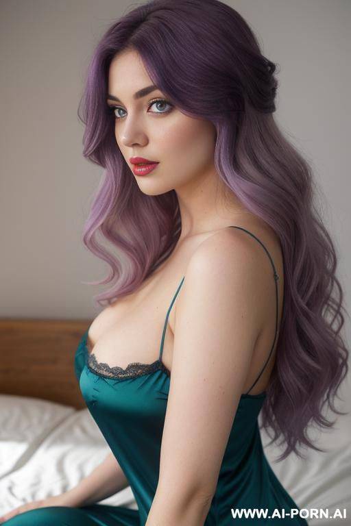 very real, (white skin), hourglass voluptuous lady, (light background), (hair color: light-latte), (hairstyle: swept to one side), mild lipstick, (blue sheer nightgown) , (ghastly skin & pallid) , side view camera. - #main
