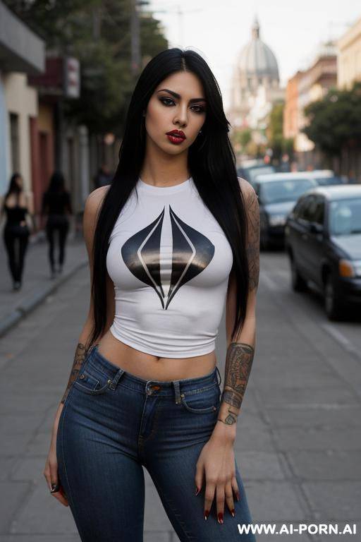 supermodel, very , mexican, hourglass figure, tight band tshirt, exceptionally wide hips, punk rocker, long hair - #main
