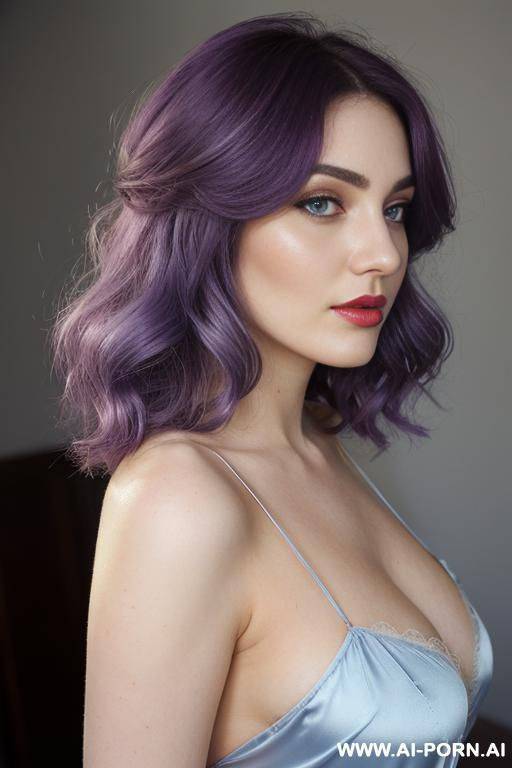 very real, (white skin), hourglass voluptuous lady, (light background), (hair color: light-latte), (hairstyle: swept to one side), mild lipstick, (blue sheer nightgown) , (ghastly skin & pallid) , side view camera. - #main