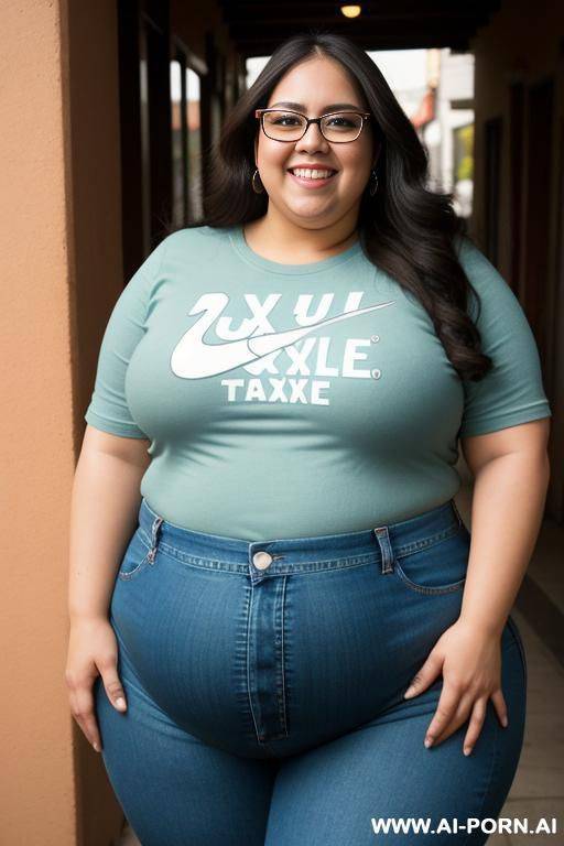 mexican, very chubby, gordita, nerd, glasses, ultra wide hips, standing up, tight jeans, band shirt, ssbbw, rotund, huge, eye shw, eating taco - #main