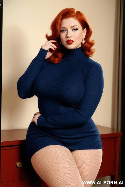 160s. 166. vintage, retro. 30 years old milf. ginger hair. curvy, busty, chubby, voluptuous body. red nails. lipstick. blue hugging turtleneck sweater. blue eyes. full body shot. cutie babe face. short. - #main
