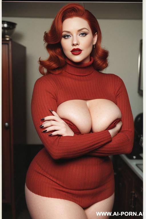 160s. 166. vintage, retro. 30 years old milf. ginger hair. curvy, busty, chubby, voluptuous body. red nails. lipstick. hugging turtleneck sweater. blue eyes. full body shot. cutie babe face. short. - #main
