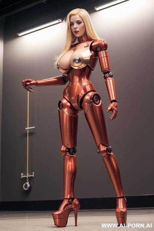 blonde robot, (fully red robotic body, athletic body, platform stilettos, huge robotic tits:1.2) - #main