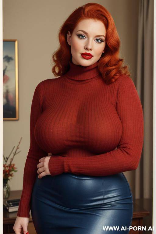 160s. 166. vintage, retro. 35 years old milf. ginger hair. curvy, busty, voluptuous body. red nails. lipstick. hugging turtleneck sweater. blue eyes. full body shot. cutie babe face. short. seductive look. big natural breasts. - #main