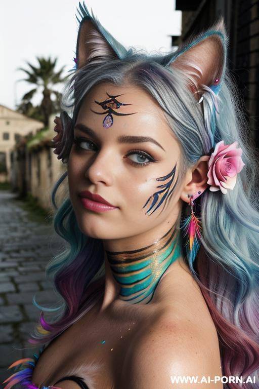 face, sexy, beautiful, ((face painting)), ((body painting)), ((bikini as seashell)), ((roses)), ((eyes shw)), ((angel wings)), ((rainbow hair)), ((glitter)), ((long bu hair)), ((heterochromia eyes)), ((wind)), - #main