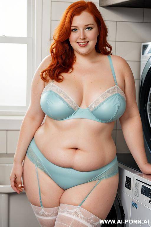 half-length photo, as a setting in the laundry area, a fat chubby fat thick and bbw redhead british, she is washing clothes and is soaked in foamy water. she has lovehandless and a soft - #main