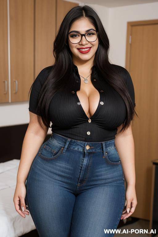 mexican, super , supermodel, super wide hips, hourglass figure, long hair, wearing band shirt, high rise jeans, huge, super thicc - #main