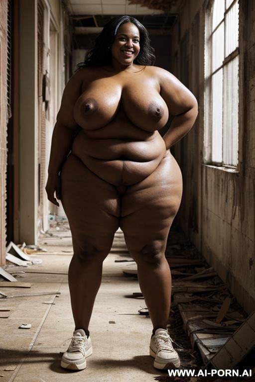 nude black obese milf with huge boobs standing naked in sneakers in abandoned building, smiling. - #main