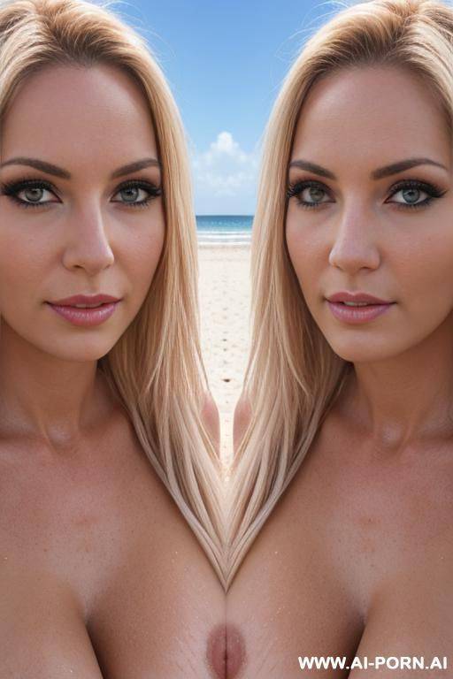 two bimbo moms, fully nude, at beach, high photo detail, symmetrical face detail, - #main