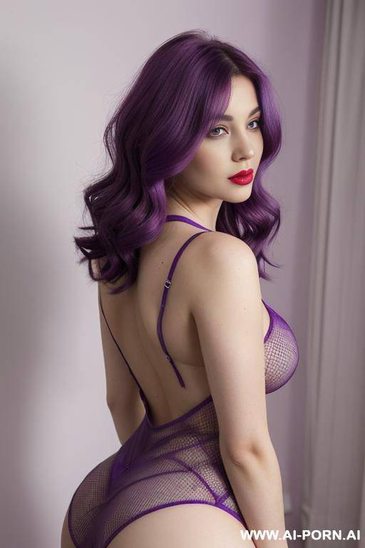 very real, (white skin), hourglass voluptuous lady, (light background), (hairstyle: swept to one side), mild lipstick, ( purple plain knit mesh sexy backless long purple dress for women ) , (ghastly skin & pallid) , side view camera. - #main